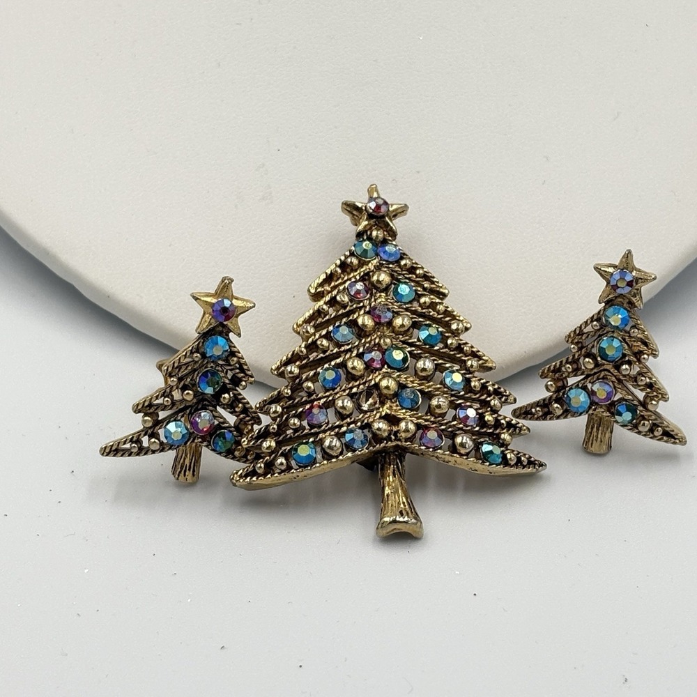 VTG 1960s Christmas Tree Brooch/Pin and earrings Clip On MCM Missing Stone